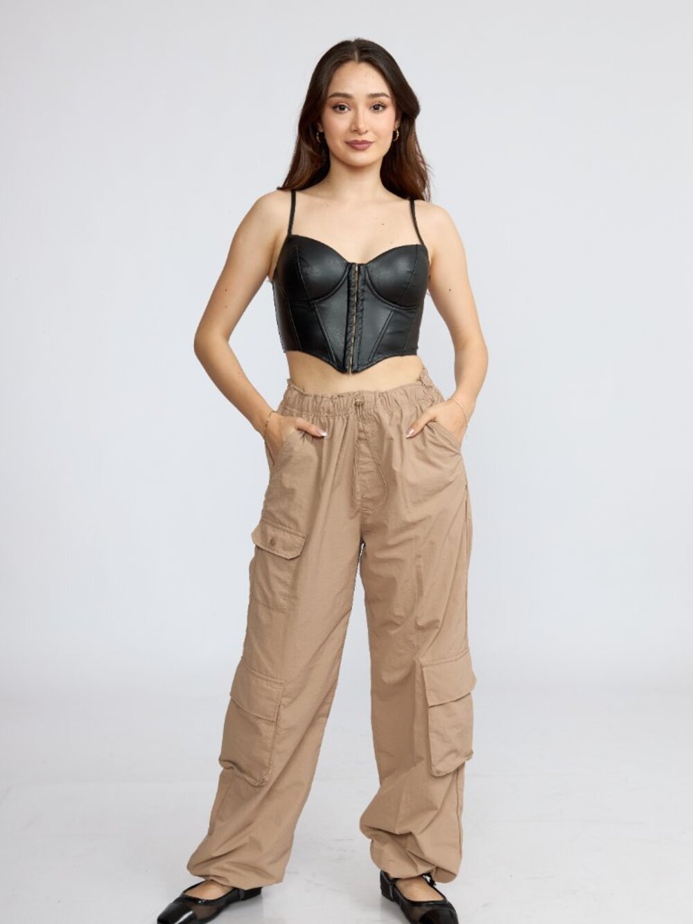 Women's Lightweight Nylon Cargo Pants, Wide Leg Drawstring Utility Pants - Picture 5 of 7